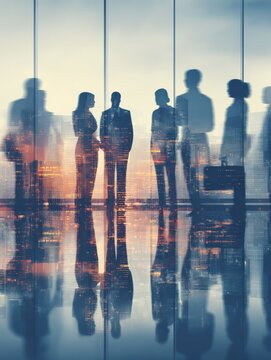 silhouettes of diverse business people working together toned image of office interior and skyscrapers concept of modern office with managers partners  generative ai