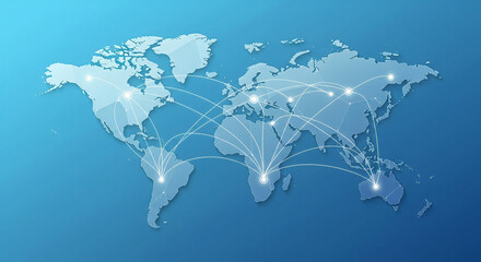 Obraz premium Blue digital world map with connected data points, concept for global business, international communication, worldwide network, and logistics