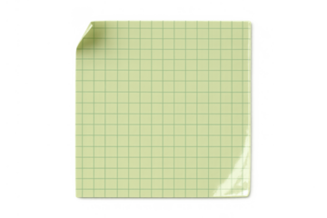 Green graph paper sticky note with curled corner for reminders and planning, transparent background