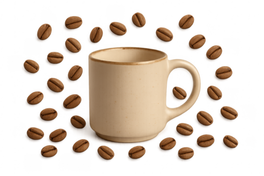 Coffee mug surrounded by roasted coffee beans on transparent background