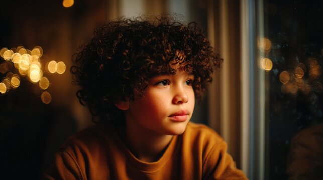 Thoughtful young african child gazing through window at night with warm lighting - Powered by Adobe