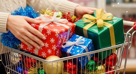 Woman's hands arranging a shopping cart full of colorful wrapped Christmas presents and tinsel.