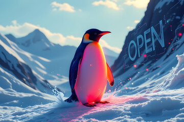 A sleek, minimalist digital artwork depicting a stylized penguin silhouette rendered in vibrant neon colors