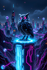 A futuristic digital landscape at night featuring a sleek, stylized ecosystem of interconnected glowing data streams and holographic elements