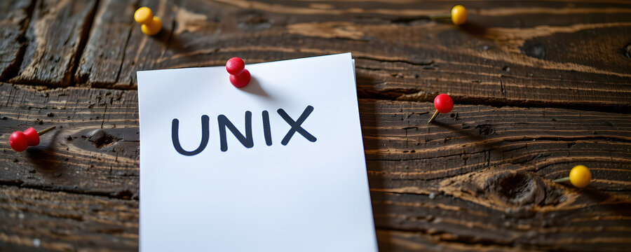 A close up shot of a handwritten note featuring the word UNIX pinned to a rustic wooden surface with colorful push pins, illuminated by soft natural light