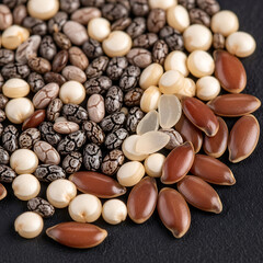 Macro close-up of mixed grains and seeds (chia, quinoa, flaxseed) scattered on a matte black surface, emphasizing individual texture and shape.