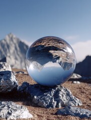 this captivating image shows a crystal ball perched on a rocky surface beautifully reflecting the surrounding mountainous landscape and a clear blue sky