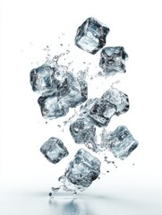 splashing ice cubes scattered in midair dynamic motion effect isolated on white background