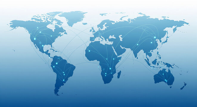 Blue world map with bright connections and grid overlay, symbolizing digital data network, internet security, and worldwide technology