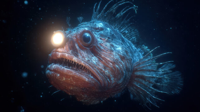 Close-up of a deep-sea anglerfish with a glowing lure, an underwater portrait of the bioluminescent predator