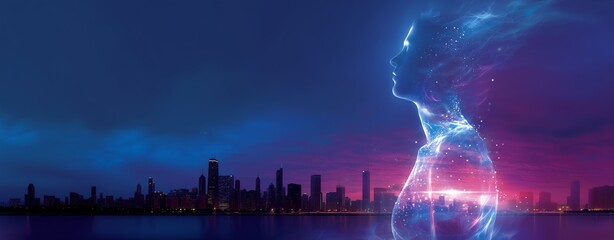 Virtual intelligence system - Digital Human Silhouette Against Futuristic Cityscape at Dusk - digital innovation