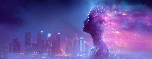 Modern abstract form - Futuristic Cityscape with Cosmic Silhouette in Vibrant Neon Colors - abstract artwork