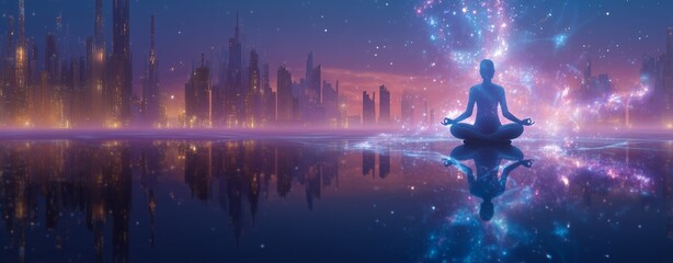 Symbolic visual storytelling - Futuristic Meditation Scene with Cosmic Energy and Cityscape - conceptual art