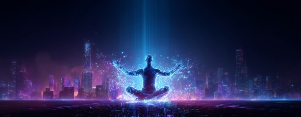 Futuristic geometric style - Futuristic Digital Meditation in Neon Cityscape - geometric composition