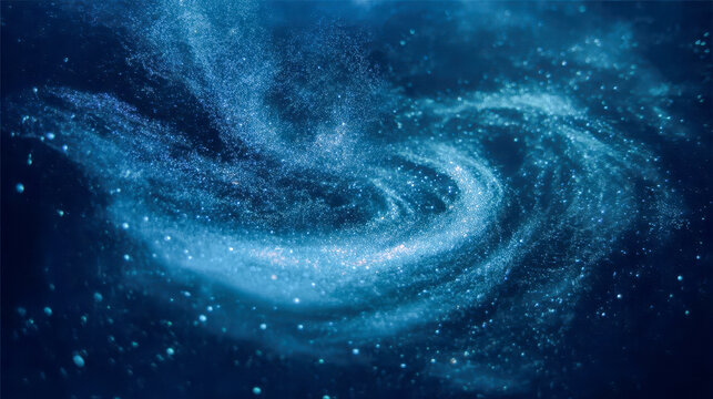 Swirling bioluminescent particles in the deep ocean, an abstract macro shot of glowing plankton creating a cosmic whirlpool effect
