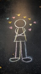 Symbolic visual storytelling - Colorful Chalk Drawing of a Child on Pavement with Heart Accents - creative design