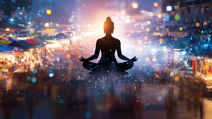 Symbolic visual storytelling - Meditative Zen Silhouette Over Vibrant Night Market Scene - symbolic idea