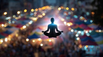 Creative conceptual imagery - Silhouette of Meditating Person with Vibrant Market Bokeh Background - conceptual art