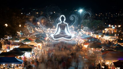 Symbolic visual storytelling - Illuminated Meditation Figure Over Vibrant Night Market - creative design