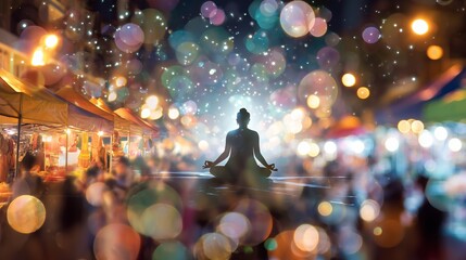 Symbolic visual storytelling - Meditative Serenity in a Vibrant Night Market with Bokeh Lights - creative design