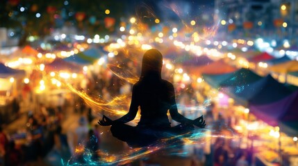 Philosophical design vision - Silhouette of Meditating Woman Amidst Vibrant City Night Lights - conceptual art