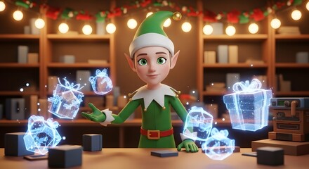 A Christmas elf in a workshop magically creating glowing holographic gift boxes for the holidays.