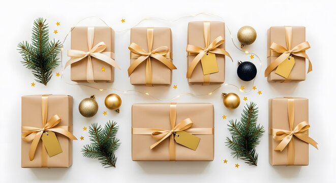 Top-down flat lay of Christmas presents wrapped in brown paper with gold ribbons, fir branches, and festive ornaments.