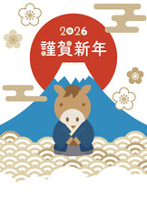 富士山と初日の出の午年 年賀状デザイン ( 2026 令和八年 新春 背景素材 年賀状素材 )