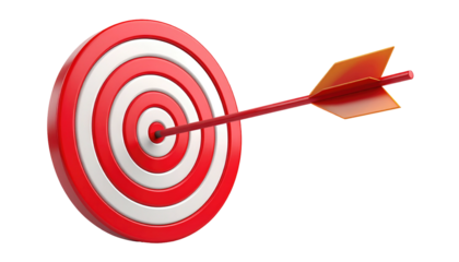 Red and white concentric target with an arrow hitting the bullseye, isolated on a black background