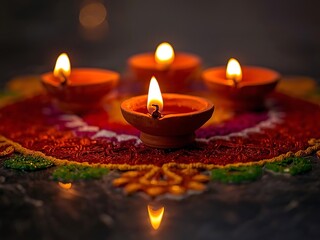 Glowing Diyas Close-Up of Traditional Oil Lamps for Diwali Celebrations