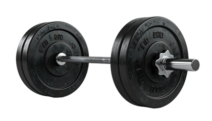 Barbell loaded with black weights, isolated on a transparent background. Studio shot, detailed texture, metallic