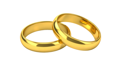 Two interlocking gold wedding bands gleam on a black background, symbolizing love, commitment, and a promise of forever