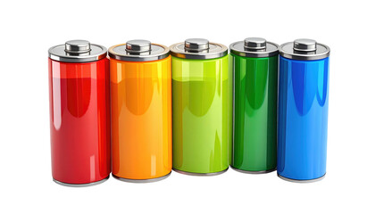 Row of five AA batteries in rainbow hues, arranged left to right against a dark background
