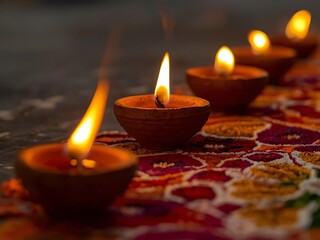 A beautiful close-up of traditional terracotta clay Diya oil lamps with glowing flames arranged in a row on a colorful rangoli pattern for the Diwali festival