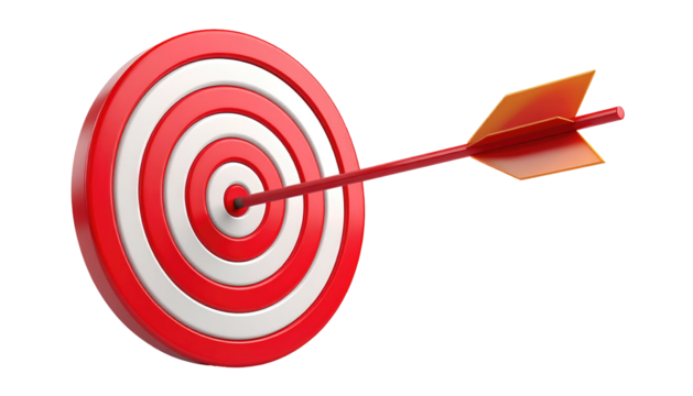 Red and white concentric target with an arrow hitting the bullseye, isolated on a black background - Powered by Adobe