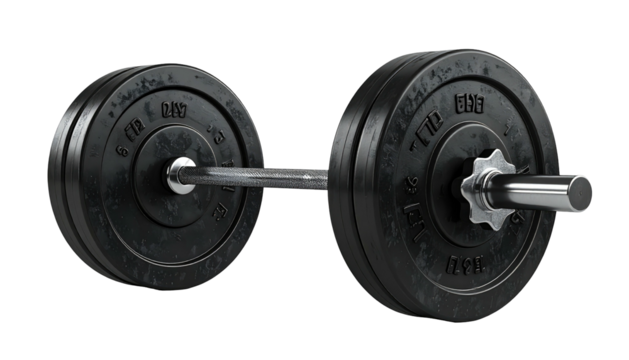 Barbell loaded with black weights, isolated on a transparent background. Studio shot, detailed texture, metallic - Powered by Adobe
