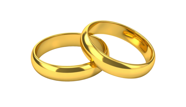 Two interlocking gold wedding bands gleam on a black background, symbolizing love, commitment, and a promise of forever