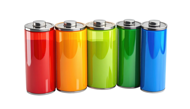 Row of five AA batteries in rainbow hues, arranged left to right against a dark background