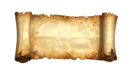 Aged, distressed parchment scroll, unfolded; with rolled edges on each side, on a dark background