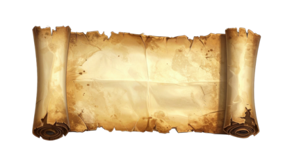 Aged, distressed parchment scroll, unfolded; with rolled edges on each side, on a dark background