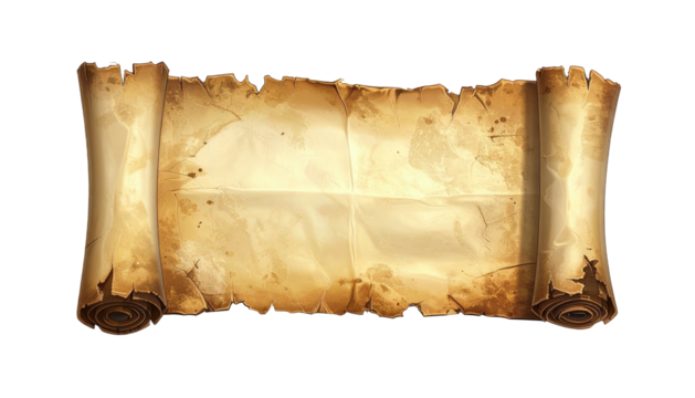 Aged, distressed parchment scroll, unfolded; with rolled edges on each side, on a dark background