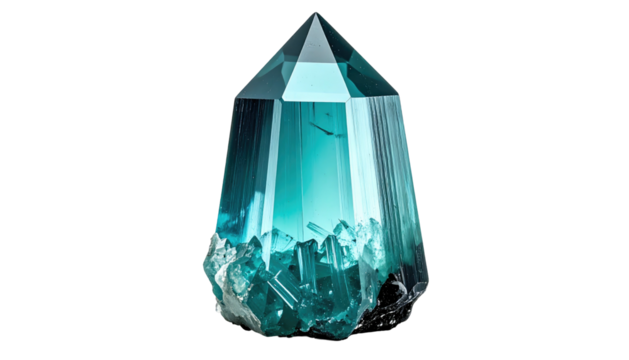 A vibrant, teal crystal with a pointed top, resting on a base of raw crystal formations, isolated against a black background