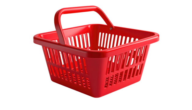 A red plastic shopping basket, angled, with a handle, and on a black background