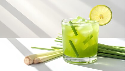 Refreshing iced lemongrass tea with lemon and mint on wooden table, herbal drink for wellness and detox, aromatic Asian beverage with natural aroma, healthy cold refreshment and antioxidant therapy