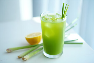 Cool iced lemongrass tea served with lemon and mint, healthy herbal drink with antioxidant benefits, Thai wellness beverage for spa and relaxation, refreshing detox recipe on wooden natural background