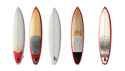 A collection of five differently patterned surfboards displayed horizontally against a black background in a studio setup