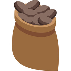 Isometric brown burlap sack filled with dark brown coffee beans casting a subtle shadow on a transparent background