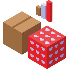 Isometric Brown Cardboard Box and Red Gift Box Decorated With Blue Hearts Next To Bar Chart Abstract Illustration