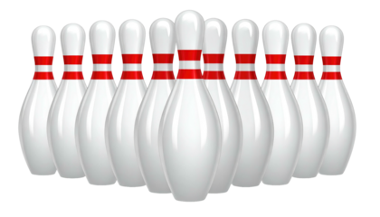 Array of bowling pins with red stripes, evenly spaced, with a transparent background