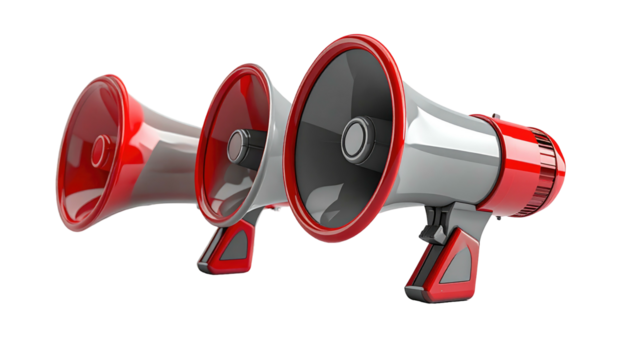 Trio of megaphones, shiny silver and red, facing forward on a black background. 3D render of communication tools
